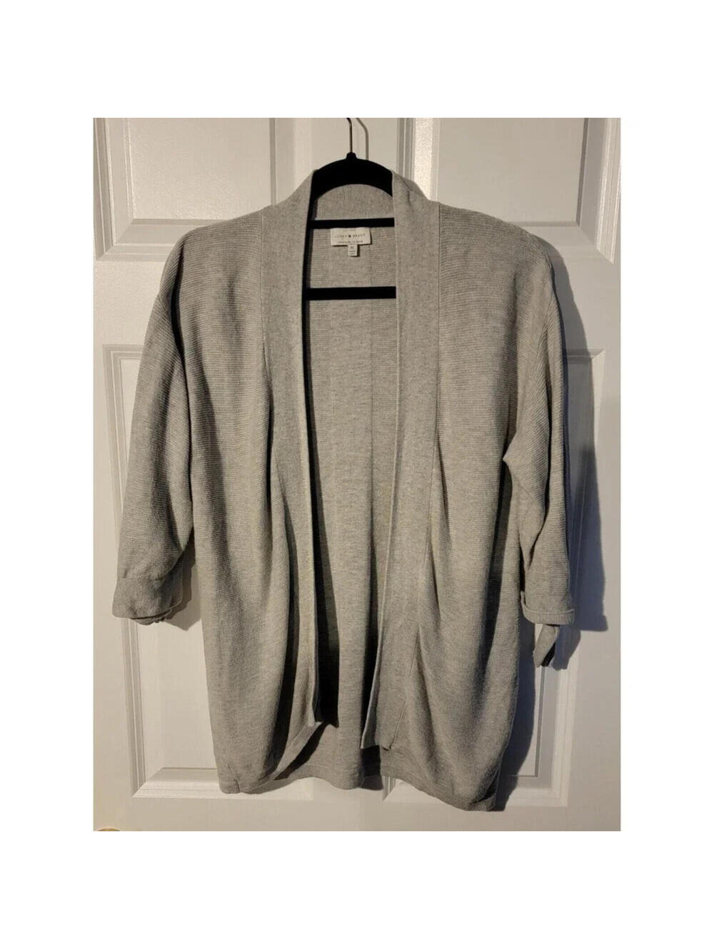 Lucky Brand Cardigan Sweater 3/4 Sleeve Ribbed Women's Size M Gray Open Front